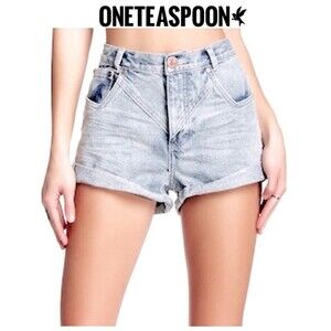 One Teaspoon Hawks High Rise Denim Shorts Light Wash Slouchy Cuffed Distressed S